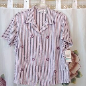 NWT Alfred Dunner Striped Button Down Shirt - Red, Blue, White